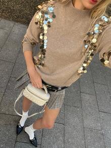 Muvela Pulover de damă din lână cu mânecă lungă, cusut manual, de înaltă calitate, stil aristocratic vintage, potrivit pentru petreceri, întâlniri cu prietenii, ieșiri zilnice, articol esențial călduros pentru toamnă, perfect pentru Halloween, Crăciun, petreceri de ziua de naștere - Cămilă - Vizualizare 6