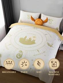 HARRY POTTER X SHEIN 3pcs Castle Print Duvet Cover Set, Brushed Material, Soft & Warm, Beige Color, Available In Single/Double/Queen/King Size - Apricot - View 10