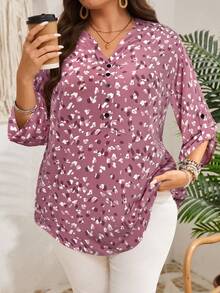 EMERY ROSE Plus Size Women's Early Spring 3/4 Sleeve Burgundy Printed Shirt