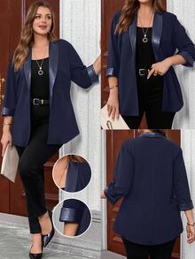 EMERY ROSE Plus Size Women's Casual Personalized Patchwork Leather Jacket, Spring/Autumn - Navy Blue - View 1