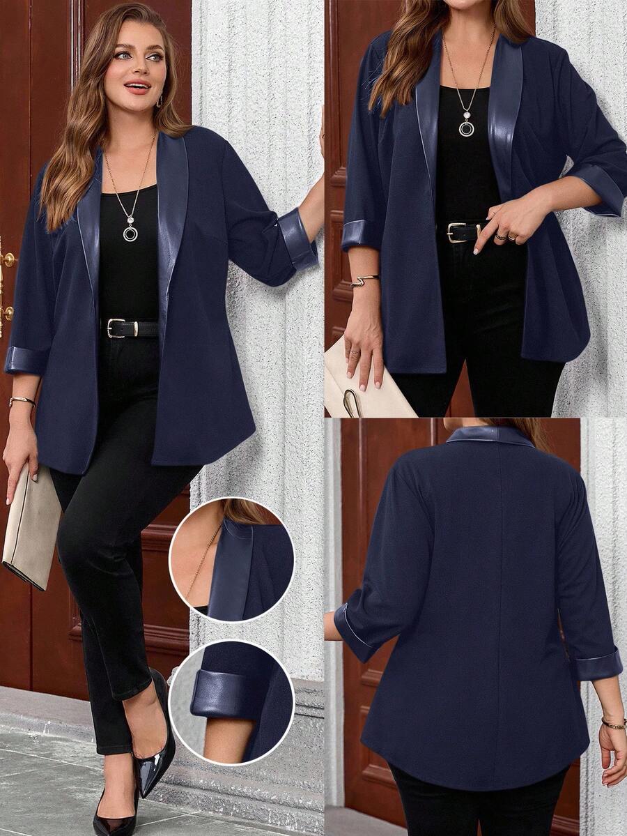 EMERY ROSE Plus Size Women's Casual Personalized Patchwork Leather Jacket, Spring/Autumn - Navy Blue - View 1