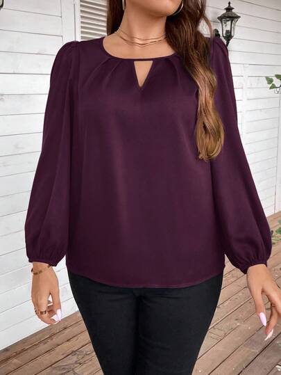 SHEIN Clasi Plus Keyhole Neckline Lantern Sleeve Green Blouse Puff Sleeve Blouse Curve Blouse Lantern Sleeve Blouse Purple Blouse Women Dark Purple Top/Fall/Winter