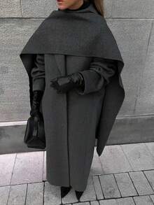 Siren Gaze 女式两件套休闲日常缺角领长款混纺外套，秋冬新款防风保暖灰色多用途超长款翻领灰色外套、外套和围巾套装 - 灰色 - 查看 7