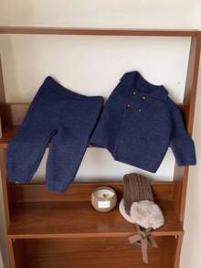 SHEIN 2pcs Baby Boy/Girl Solid Color Collared Long Sleeve Sweater And Pants Set, Suitable For Autumn/Winter Autumn And Winter Two Piece Suit Dark Blue Baby Boy Outfit Baby Boy Knitted Set Knit Two Piece Toddler Fall
