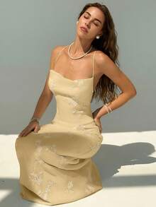 Aloruh 全新复古绿色花卉提花刺绣浪漫度假修身连衣裙，适合海滩度假，薄荷绿茶色长裙 - 杏色 - 查看 7