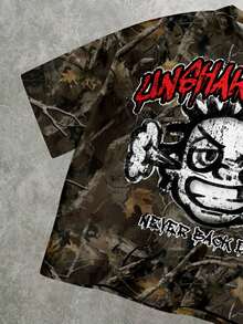 SHEIN 涂鸦肖像，枯叶背景图案，街头风格，儿童精选系列，日常基本款，快乐的孩子，适合孩子的柔和色彩，骑行风格，家庭旅行，快乐的日子，我爱妈妈，我爱爸爸，可爱的家，酷酷的孩子，青少年男孩休闲简约短袖圆领T恤，适合夏季 - 彩色 - 查看 4