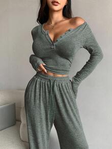 DAZY Bộ đồ thể thao nữ mùa thu gồm áo và quần màu trơn, kiểu dáng mở vạt trước, thích hợp mặc ở nhà. - Màu xanh lá cây đậm - Xem 6