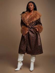 SHEIN SXY Plus Size Women's Brown Autumn Elegant Night Out Club Faux Fur Furry Collar And Cuffs Long Coat With Free Belt,Gorgeous Glamorous Slim Fit Y2K - Multicolor - View 1