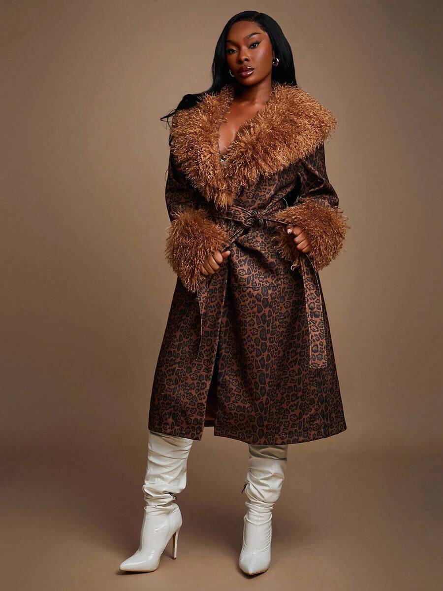 SHEIN SXY Plus Size Women's Brown Autumn Elegant Night Out Club Faux Fur Furry Collar And Cuffs Long Coat With Free Belt,Gorgeous Glamorous Slim Fit Y2K - Multicolor - View 1
