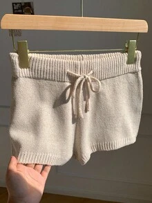 Comfortcana 高腰松紧带休闲百搭纯色针织短裤，秋季 - 杏色 - 查看 5