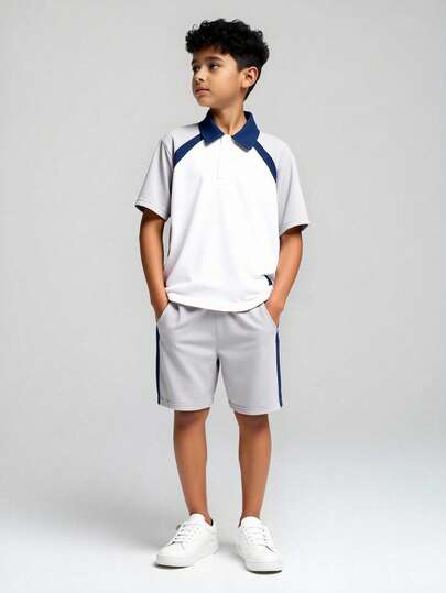 SHEIN Explorewe 2 件套青少年男童休闲拼布 Polo 领短袖衬衫和短裤套装，夏季