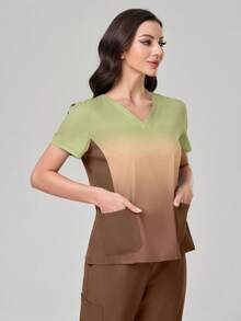 TaskEZ 渐变色短袖上衣和纯色裤子手术服套装 - 咖啡棕 - 查看 7