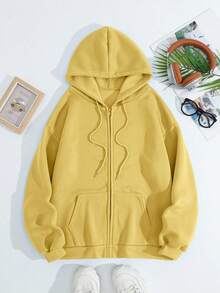 SHEIN 女士宽松休闲开襟卫衣 - 黃色 - 查看 4