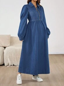 SHEIN Maternity Fashion Zip-Up Long Denim Dress Denim Midi Dress With Zipper Front Long Sleeves And Collar Comfortable Fit For Everyday Wear Christmas Maternity Dress Cute Mom Style Versatile Minimalist 2025 Autumn/Winter New Arrival Maternity Dress Pick Winter Christmas New Year Thanksgiving Commuting Vacation Graduation Chic Y2k Cute Streetwear Wedding Elegant Business Casual Woman - Blue - View 3