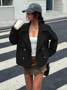 Muchica 女式短款梭织风衣，秋冬款黑色 - 黑色 - 查看 6