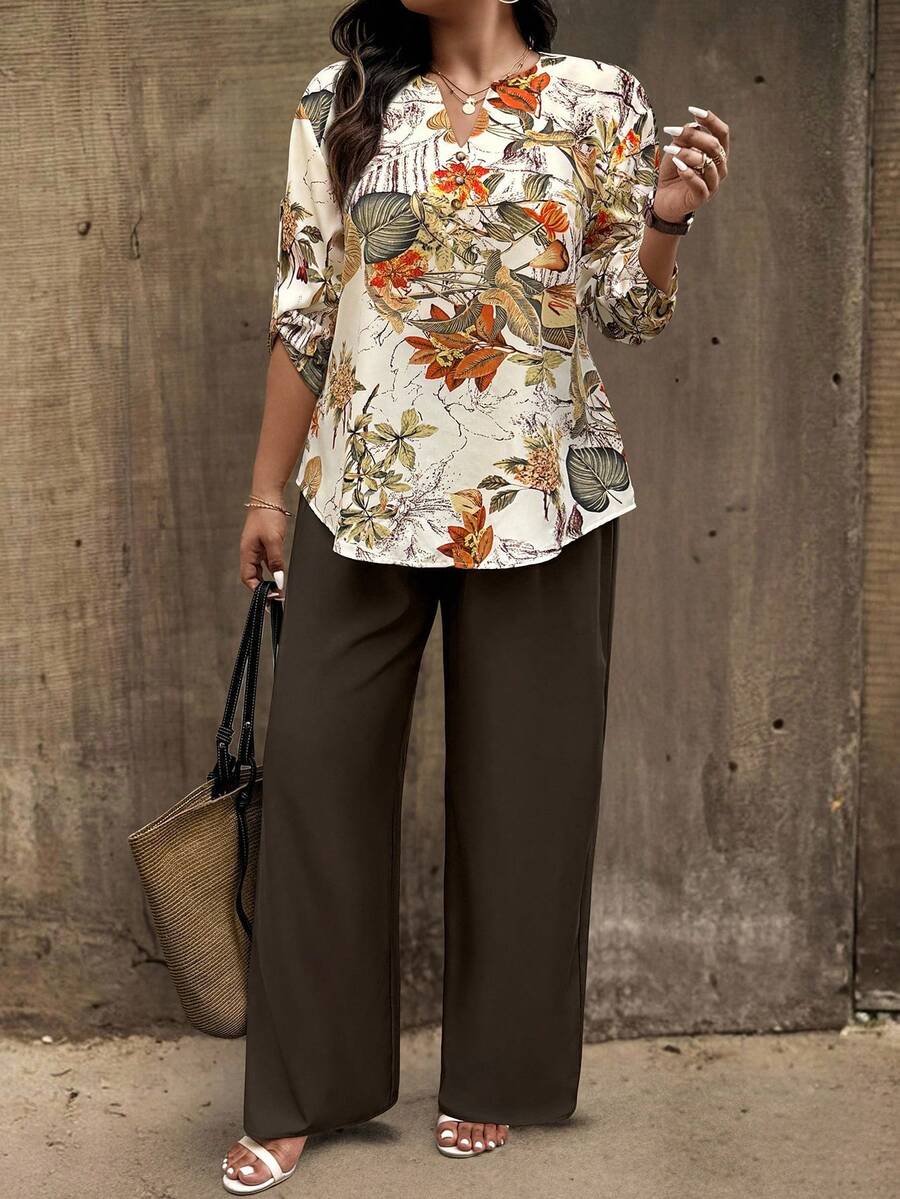 EMERY ROSE 大码植物印花衬衫和裤子两件套，休闲度假装 - 彩色 - 查看 1