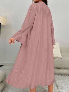 Solid Cami Nightdress & Ruched Frill Trim Robe Pajama Set, Fall Winter Clothes - Dusty Pink - View 2