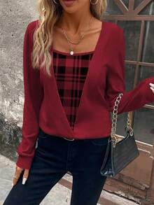 LanaWest Áo nỉ nữ kiểu dáng thường ngày kẻ caro phối nhiều mảnh, thích hợp mặc mùa thu. - Màu Đỏ Sâu - Xem 4