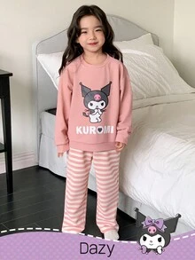 DAZY HELLO KITTY AND FRIENDS | SHEIN 少女圆领针织长袖运动衫和条纹裤睡衣套装，秋季 - 粉色 - 查看 2