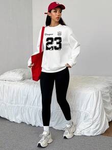 SHEIN EZwear 2 件套休闲简约运动风格返校学院风字母和数字 23 徽章印花宽松圆领运动衫和紧身打底裤/裤子，适合秋冬季 - 彩色 - 查看 5