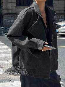 DAZY 女士立领双排扣拉链宽松休闲夹克冬季女式外套 - 深灰色 - 查看 5