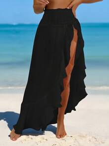 Swim Vcay Springbreak Women Shirred Waist Lotus Leaf Hem Sheer Beach Maxi Dress With Slit For Summer Beach Vacation - Black - View 4