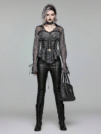EDITION Gothic Punk Stil Schnürung Nieten Dekor asymmetrischer Saum tailliertes Damen Oberteil