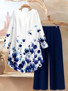 Rusticease 2pcs Women Vintage Floral Loose Fit Round Neck Long Sleeve Top And Pants Set, Suitable For Autumn/Winter Fall Clothes For Women Blouse And Pants Set