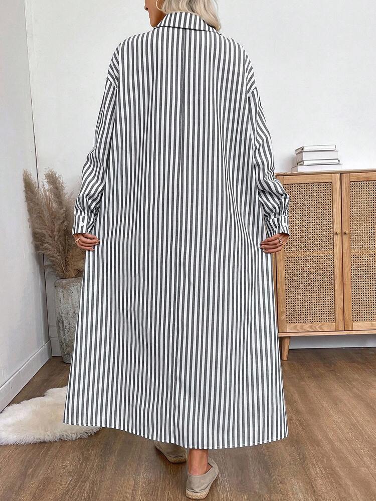 Women's Striped Drop Shoulder Long Sleeve Button Half Placket Casual Loose Shirt Dress Autumn Dress  Fall Dresses For Women   Oing Out Outfit  Business Casual Woman  Old Money Style Women  Button Up Shirt Women