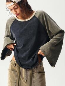 Bohemela Áo thun nữ tay dài dệt kim chắp vá Raglan rộng rãi, giặt thoải mái - Nhiều màu - Xem 4