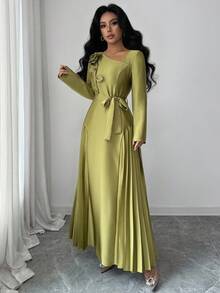 Selianne 女士优雅橄榄绿色连衣裙，斜领，褶皱紧身胸衣，系带腰部和 A 字裙，长袖，适合万圣节、圣诞节、感恩节、新年派对 - 綠色 - 查看 4