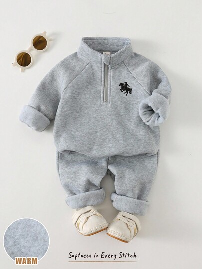 Cozy Pixies Set de 2 piezas de sudadera con capucha y pantalón de chándal de unicolor simple y cómodo para bebé niño, top de punto de manga larga gris y pantalón de chándal, estilo básico versátil adecuado para interior, exterior, diario, deportes, juego, fiesta, sesión de fotos, vacaciones, diseño bordado de caballo