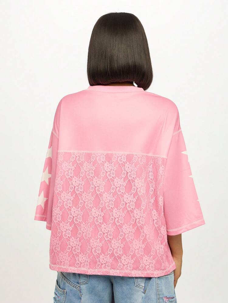 SUMWON WOMEN Oversized Lace Panel V-Neck Jersey With Stars