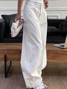 Dazy Tall Women's Pocket Design Casual Loose Straight-Leg White Jeans - White - View 7