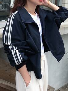 FRIFUL 女士休闲运动撞色条纹侧高领拉链落肩宽松夹克，秋季服装 - 藏蓝色 - 查看 2