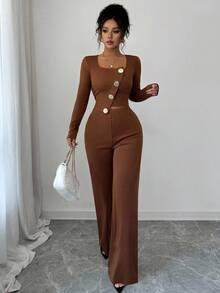 Elenzga Women's Elegant Office Commute Afternoon Tea Party Asymmetric Hem Long Sleeve Blazer Jacket And Elastic Waist Pants 2 Pieces Suit Set, Autumn/Winter Fall Cloth For Women - Brown - View 4