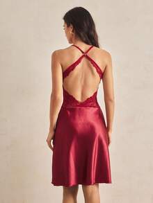 Charlaine Faux Silk Lace Women's Sexy Camisole Nightgown - Burgundy - View 2