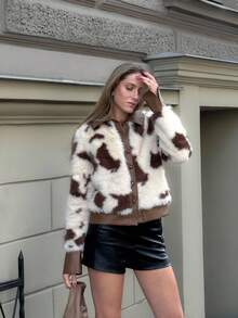 MOTF PREMIUM ALL OVER PRINT BUTTON UP FAUX FUR JACKET - Apricot - View 6