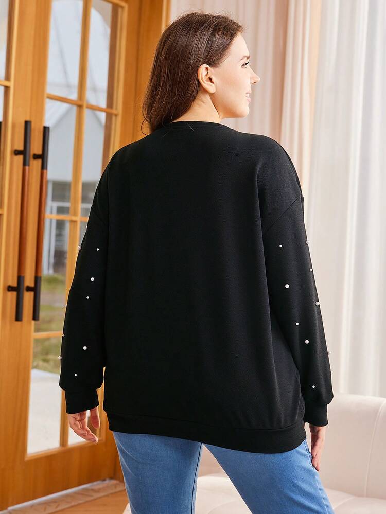 Plus Drop Shoulder Faux Pearl Beaded Pullover Sweatshirt Winter Fall Autumn