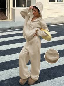 Muchica Women's Cream Yellow Casual Loose Sweatshirt Set, Autumn New Arrival Tan Outfit Women Neutral Clothes For Women