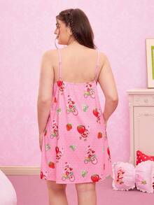 Strawberry Shortcake X SHEIN 加大码夏季草莓印花撞色蕾丝吊带背心睡衣裙 - 粉色 - 查看 3