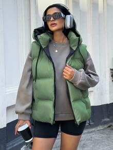EURMUSE Women Solid Color Zipper And Pocket Detailed Winter Vests Y2k - Green - View 5