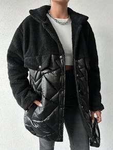 EURMUSE Flap Detail Teddy Panel Drop Shoulder Puffer Coat - Black - View 6