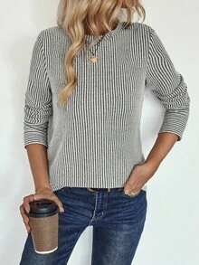 EMERY ROSE Áo thun nữ dáng rộng, cổ tròn, tay dài, kẻ sọc, thích hợp mặc mùa thu xuân. - Màu be - Xem 5