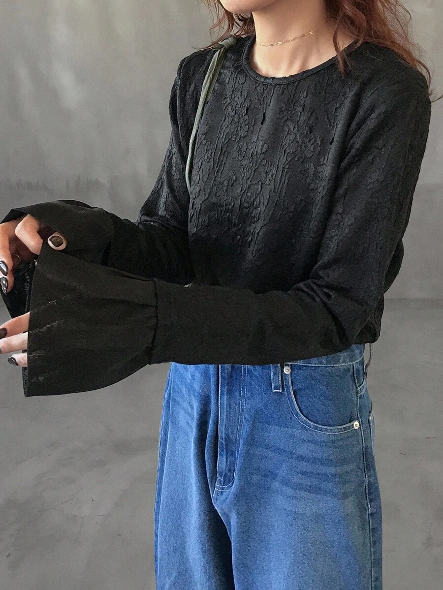 FRIFUL 女士圆领蕾丝拼接宽松喇叭袖透明纯色 T 恤上衣，适合外出，秋季 - 黑色 - 查看 1