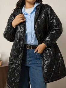 Zelara 大码女式绗缝拉链羽绒服，秋冬季外出 - 黑色 - 查看 1