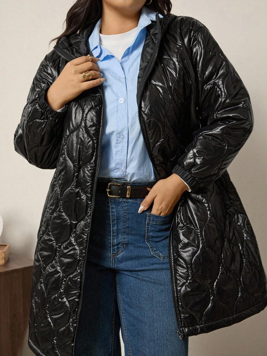 Zelara 大码女式绗缝拉链羽绒服，秋冬季外出 - 黑色 - 查看 1