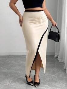 Elenzga Plus Size Knitted Patchwork Contrast Color Hem Slit Skirt For Women - Apricot - View 5