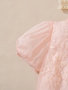 Baby Girl Beige Embroidered Mesh Puff Sleeve Princess Dress, Suitable For Birthday Party, Evening Party, Daily Wear - Dusty Pink - View 3