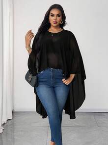 Maweii Plus Size Elegant Commuter Solid Color Asymmetric Hem Cape Blouse - Black - View 2